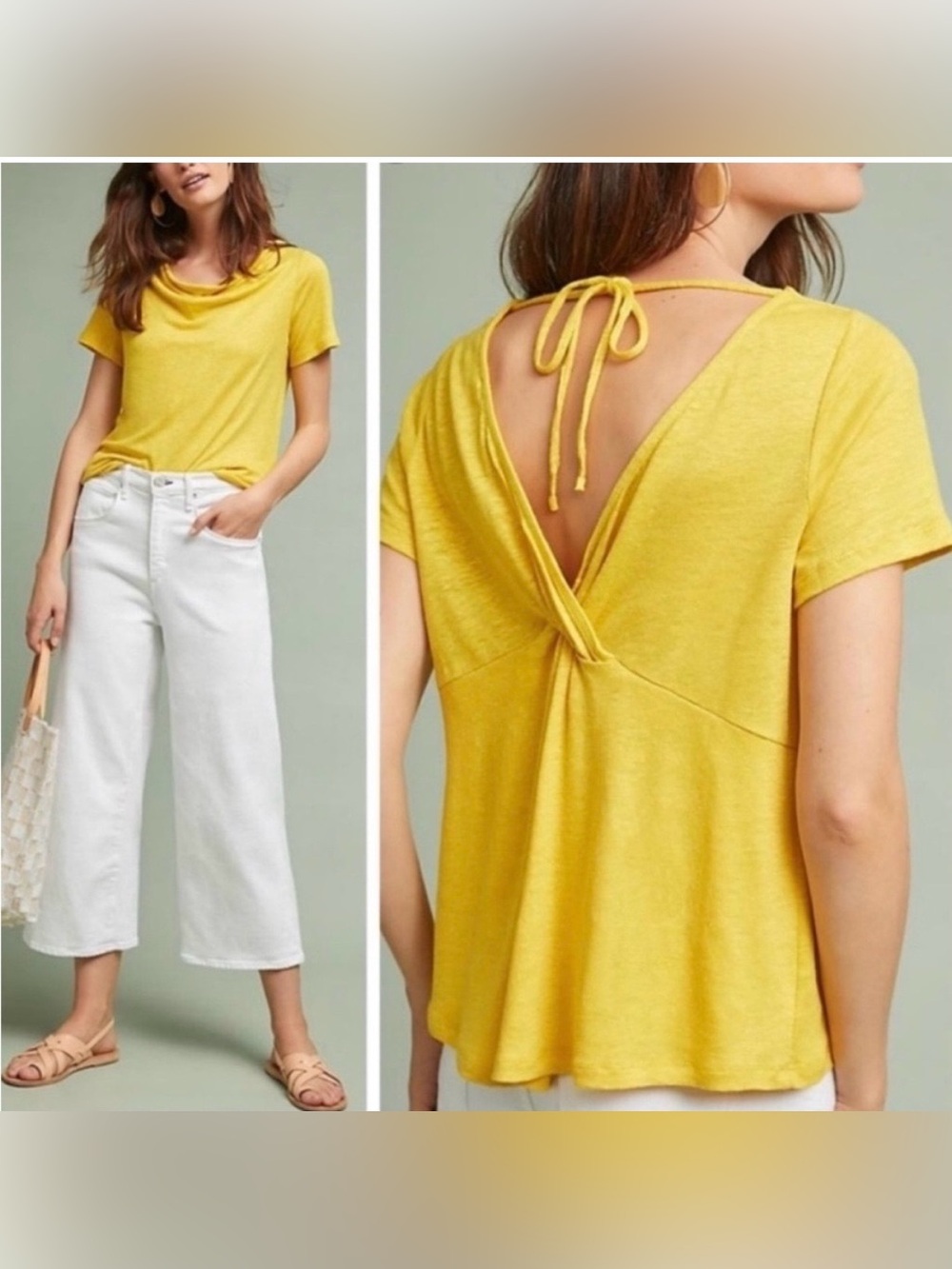 Anthropologie Maeve Yellow Linen Open Back Tie Top Size XS